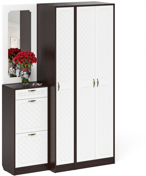 Прихожая П-6 Компоновка № 49, венге/фасады МДФ белое дерево фрезеровка ромб