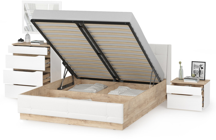 Муссон Кровать 11.28 + подъёмный ортопед + Тумба 16.03 + Комод 13.97 + Зеркало СВК, цвет белый/дуб эндгрейн элегантный/кожзам белый, 1600х2000 мм, б/м