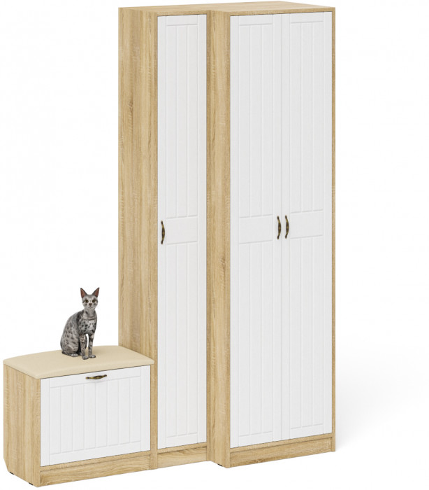 Прихожая П-6 Компоновка № 25, цвет дуб сонома/фасады МДФ белое дерево фрезеровка прованс, ШхГхВ 150х50х210 см., универсальная сборка