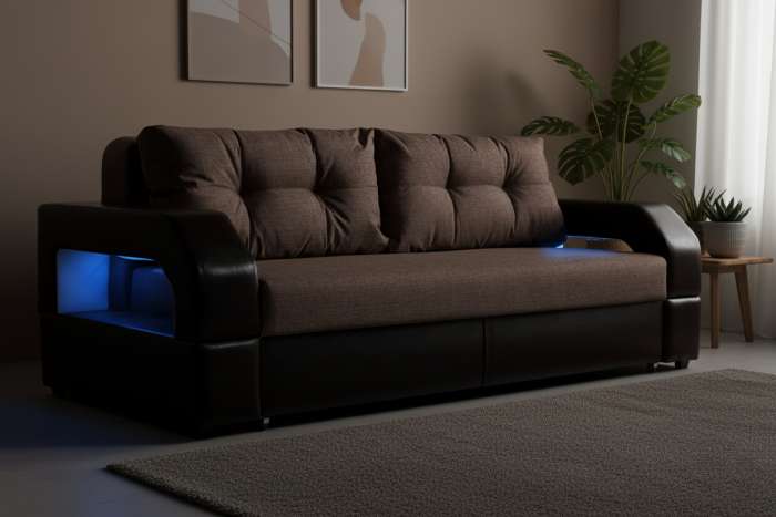 Диван-еврокнижка Манчестер, пружинный блок, 150х195,  рогожка/экокожа коричневый