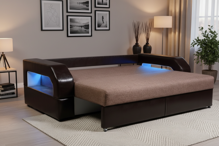 Диван-еврокнижка Манчестер, пружинный блок, 150х195,  рогожка/экокожа коричневый