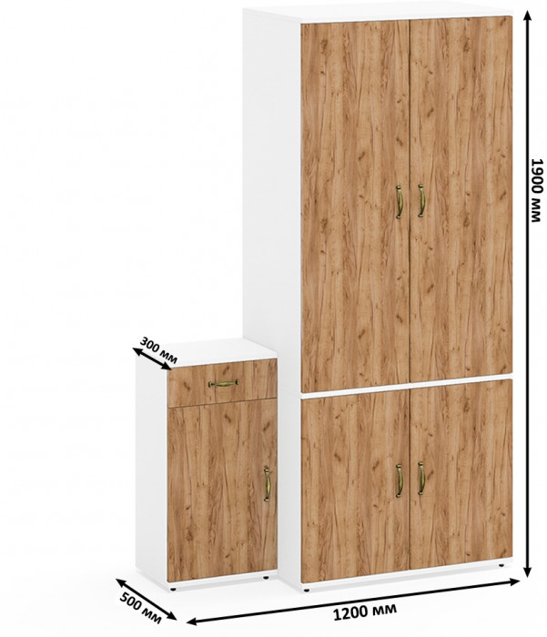 Лидер-8 Шкаф МД 19Б + Тумба МД 3.15, белый шагрень/крафт золото