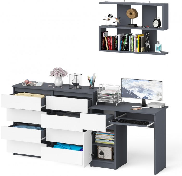 Мори компьютерный стол МС-1 левый + Комод МК1200.8 + Полка 900, графит/белый