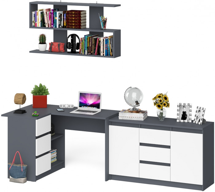 Мори компьютерный стол МС-16 левый + Комод МК1200.3 + Полка 1200, графит/белый