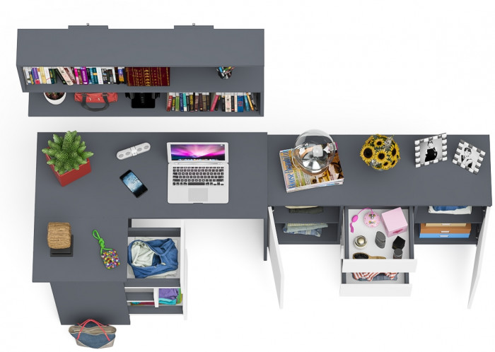 Мори компьютерный стол МС-16 левый + Комод МК1200.3 + Полка 1200, графит/белый