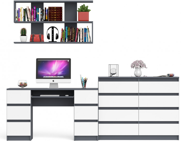 Мори компьютерный стол МС-2 + Комод МК1200.8 + Полка 1200, графит/белый