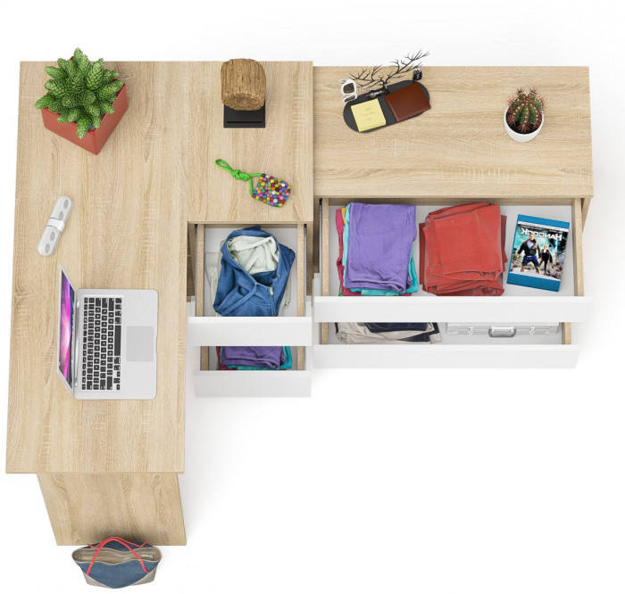 Мори Стол компьютерный МС-16 правый + Комод МК800.1, цвет дуб сонома/белый, ШхГхВ 204,8х84,9х76,6 см., выдвижные ящики справа, НЕ универсальная сборка