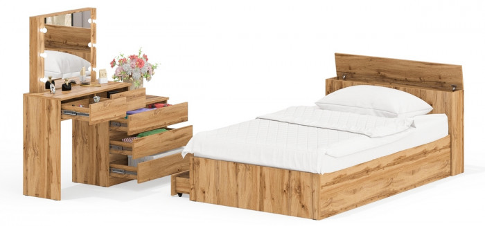 Ксения Кровать с ящиками 1200 + Стол косметический с подсветкой 110, дуб вотан