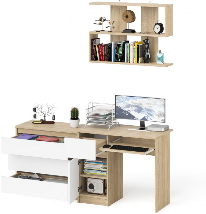 Мори Стол компьютерный МС-1 левый + Комод МК800.1 + Полка 900, цвет дуб сонома/белый, ШхГхВ 170,4х50х209,6 см., НЕ универсальная сборка