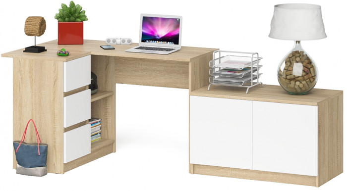 Мори Стол компьютерный МС-16 левый + Тумба МА900.1, цвет дуб сонома/белый, ШхГхВ 214,8х84,9х76,6 см., выдвижные ящики слева, НЕ универсальная сборка