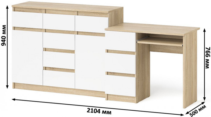 Мори Стол компьютерный МС-6 левый + Комод МК1200.4, цвет дуб сонома/белый, ШхГхВ 210,4х50х94 см., выдвижные ящики слева, НЕ универсальная сборка