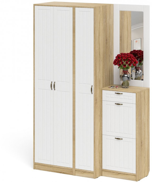 Прихожая П-6 Компоновка № 49, дуб сонома/фасады МДФ белое дерево фрезеровка прованс