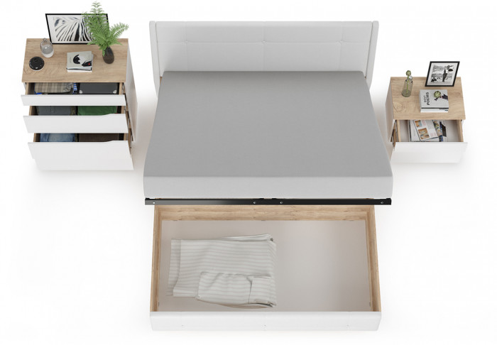 Муссон Кровать 11.28 + подъёмный ортопед + Тумба 16.03 + Комод 13.97, цвет белый/дуб эндгрейн элегантный/кожзам белый, сп. м. 1600х2000 мм., б/м