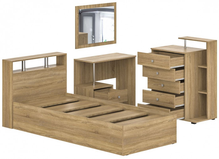 Камелия спальня № 7 Кровать 900 + Стол косметический + Зеркало + Комод, дуб сонома