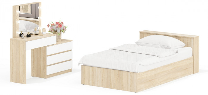 Ксения Кровать с ящиками 1200 + Стол косметический с подсветкой 110, дуб сонома/белый