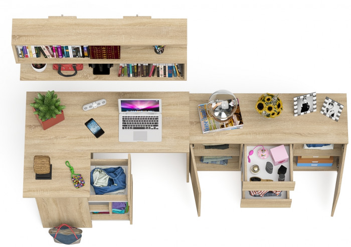 Мори компьютерный стол МС-16 левый + Комод МК1200.3 + Полка 1200, дуб сонома