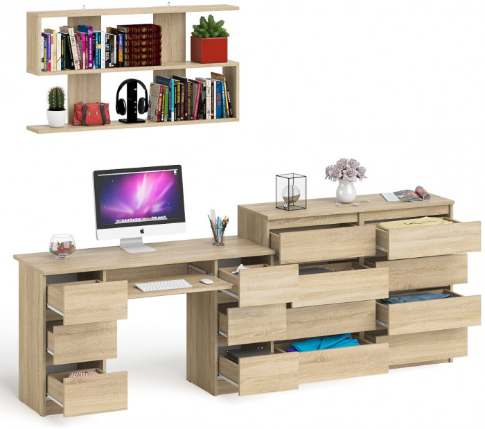 Мори компьютерный стол МС-2 + Комод МК1200.8 + Полка 1200, дуб сонома