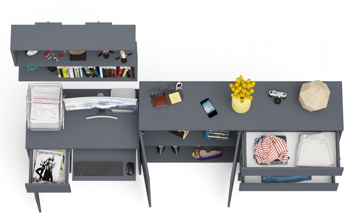 Мори Стол компьютерный МС-1 левый + Комод МК1600.1 + Полка 900, цвет графит, ШхГхВ 250,4х50х209,6 см., НЕ универсальная сборка