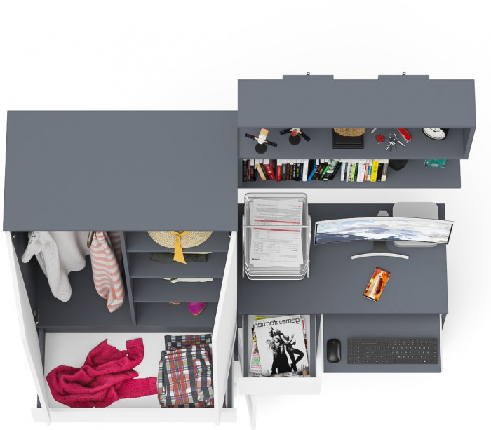 Мори Стол компьютерный МС-1 левый + Шкаф МШ900.1 + Полка 900, цвет графит/белый, ШхГхВ 180,4х50,4х209,6 см., НЕ универсальная сборка