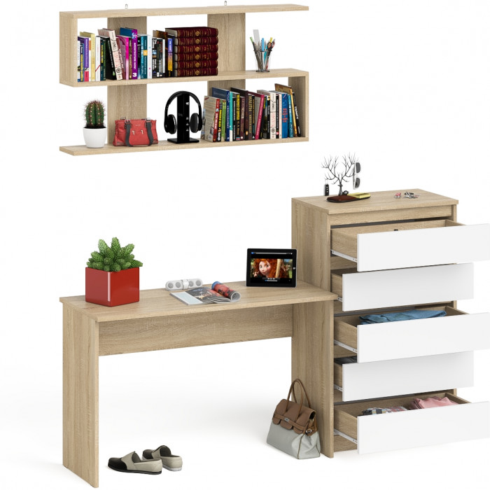 Мори Стол письменный МСП1200.1 + Комод МК700.5 + Полка 1200, цвет дуб сонома/белый, ШхГхВ 190,8х50х209,6 см., универсальная сборка