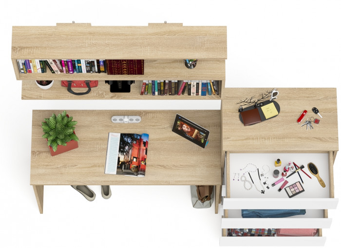 Мори Стол письменный МСП1200.1 + Комод МК700.5 + Полка 1200, цвет дуб сонома/белый, ШхГхВ 190,8х50х209,6 см., универсальная сборка