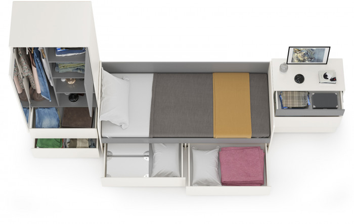 Торонто Компоновка № 21, цвет белый шагрень/стальной серый, ШхГхВ 354х84,4х195,7 см., сп. м. 800х1900 мм., б/м, основание есть, универсальная сборка