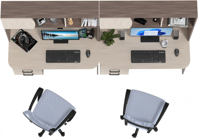 Два стола рабочих 6-0606 Сигма + два кресла 103 серых, цвет бодега тёмный/бодега светлый, ШхГхВ 241х60,5х166 см., НЕ универсальная сборка