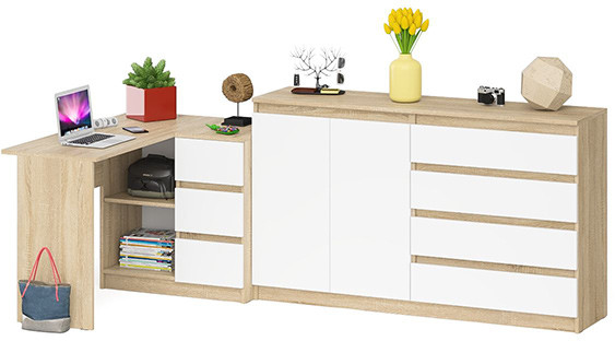 Мори компьютерный стол МС-16 правый + Комод МК1600.1, дуб сонома/белый