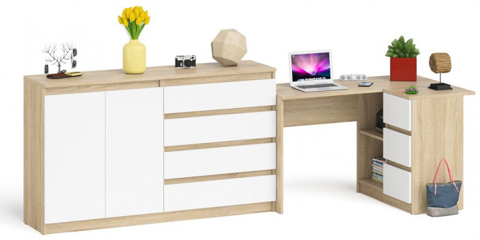 Мори компьютерный стол МС-16 правый + Комод МК1600.1, дуб сонома/белый