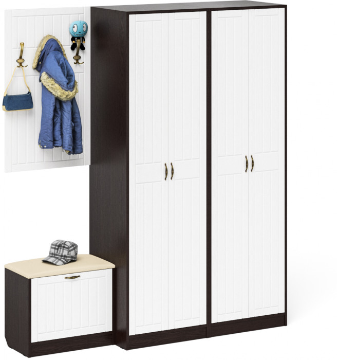 Прихожая П-6 Компоновка № 09, цвет венге/фасады МДФ белое дерево фрезеровка прованс, ШхГхВ 180х50х210 см., универсальная сборка