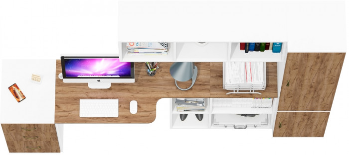 Лидер-8 Стол + Полка + Тумба МД 3.16 + Пенал МД 22Б, белый шагрень/крафт золото