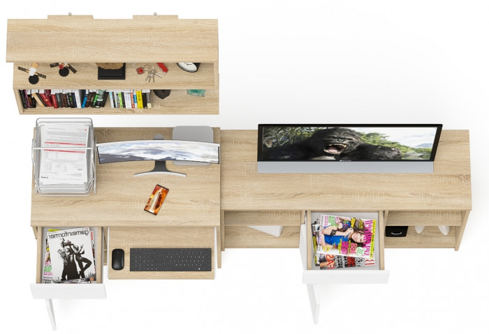 Мори компьютерный стол МС-1 левый + Тумба МТВ1204.1 + Полка 900, дуб сонома/белый