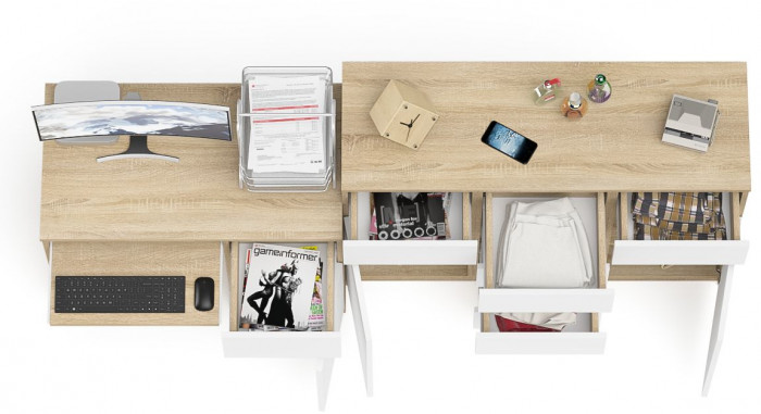 Мори компьютерный стол МС-1 правый + Комод МК1200.4, дуб сонома/белый