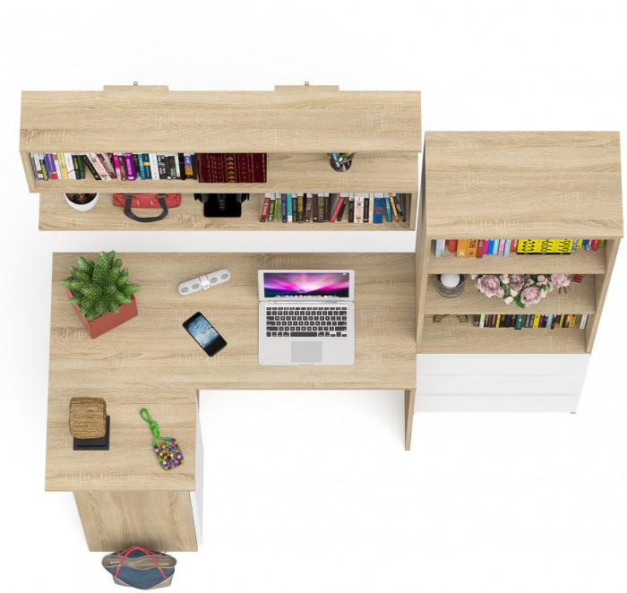 Мори компьютерный стол МС-16 левый + Стеллаж МСТ600.3 + Полка 1200, дуб сонома/белый