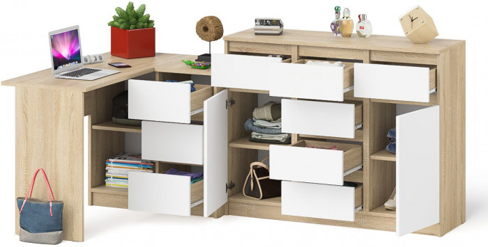 Мори компьютерный стол МС-16 правый + Комод МК1200.4, дуб сонома/белый
