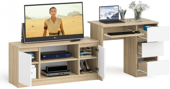 Мори компьютерный стол МС-6 правый + Тумба МТВ1200.1, дуб сонома/белый