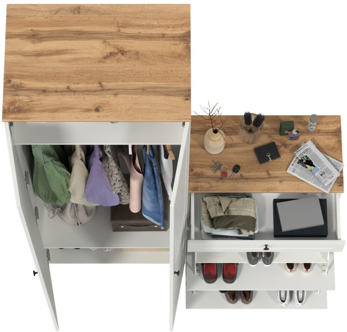 Остин Прихожая 05, цвет белый шагрень/дуб крафт золотой, ШхГхВ 160х54,3х229,6 см., универсальная сборка