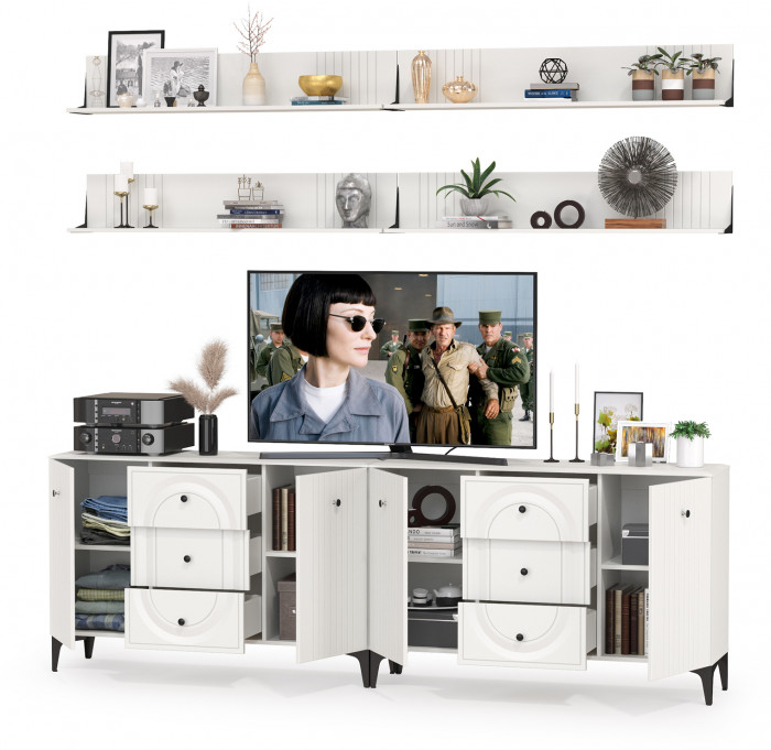 Валенсия Гостиная № 091, цвет ЛДСП белый шагрень/МДФ белый шагрень, ШхГхВ 266,3х38,4х225 см.