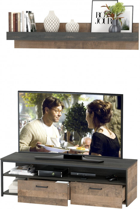 Трувор 13.70 Тумба под ТВ + 15.60 Полка, цвет дуб гранж песочный/интра, ШхГхВ 149,8х45,4х195 см., универсальная сборка