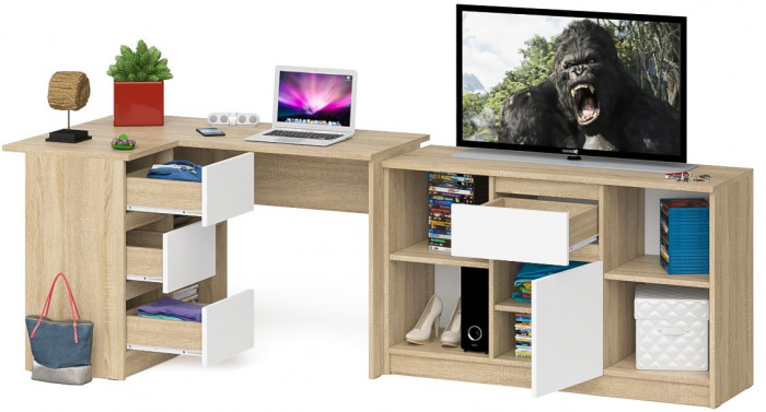 Мори компьютерный стол МС-16 левый + Тумба МТВ1204.1, дуб сонома/белый
