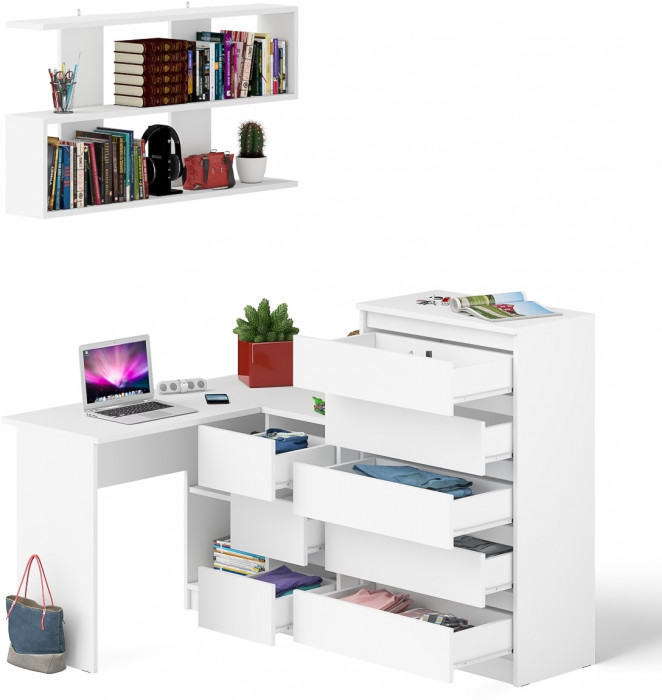 Мори компьютерный стол МС-16 правый + Комод МК700.5 + Полка 1200, белый