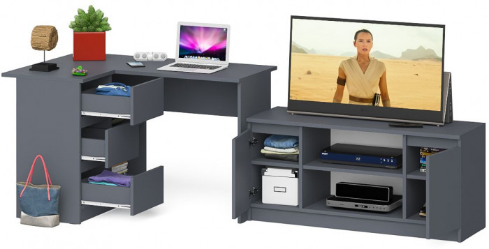 Мори Стол компьютерный МС-16 левый + Тумба МТВ1200.1, цвет графит, ШхГхВ 244,8х84,9х76,6 см., выдвижные ящики слева, НЕ универсальная сборка