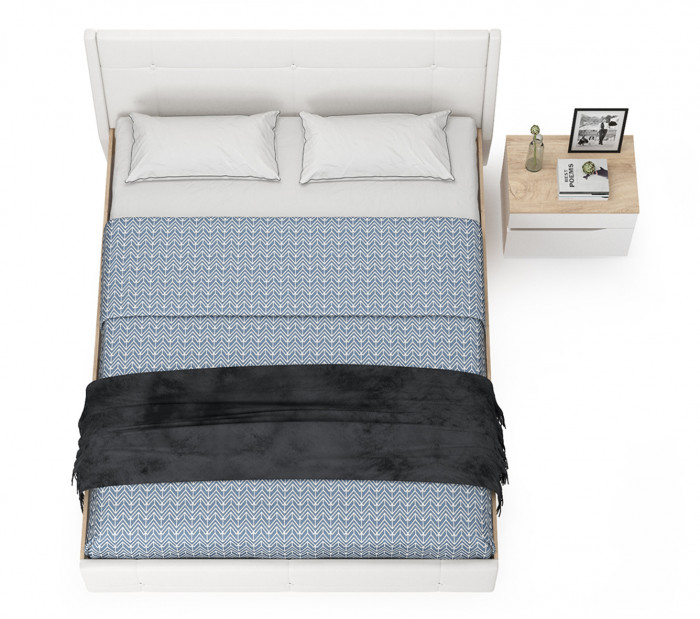 Муссон Кровать 11.28 + подъёмный ортопед + Тумба 16.03, цвет белый/дуб эндгрейн элегантный/кожзам белый, сп. м. 1600х2000 мм., б/м