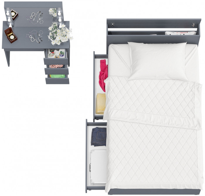 Ксения Кровать с ящиками 1200 + Стол косметический с подсветкой Сура, графит