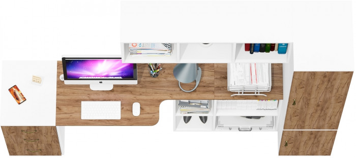 Лидер-8 Стол + Полка + Тумба МД 3.16 + Пенал МД 23Б, белый шагрень/крафт золото