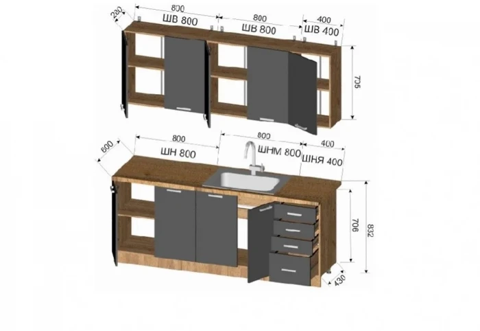 Кухонный гарнитур МДФ Вельвет 2,0м, Милк/Дуб сонома