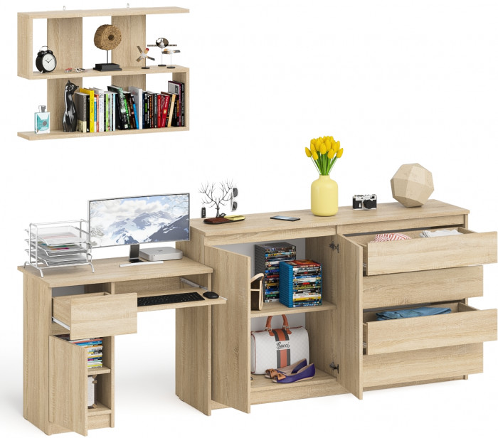 Мори Стол компьютерный МС-1 левый + Комод МК1600.1 + Полка 900, цвет дуб сонома, ШхГхВ 250,4х50х209,6 см., НЕ универсальная сборка