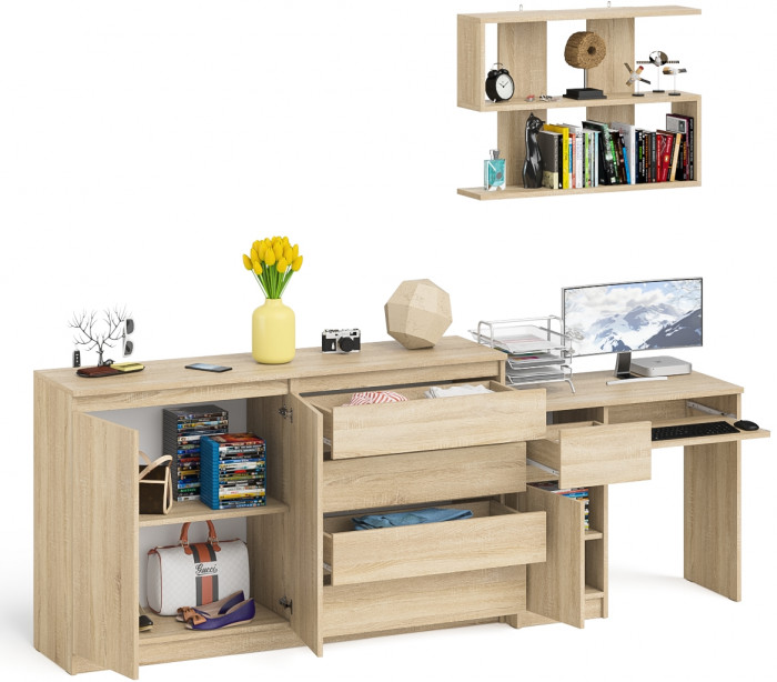 Мори Стол компьютерный МС-1 левый + Комод МК1600.1 + Полка 900, цвет дуб сонома, ШхГхВ 250,4х50х209,6 см., НЕ универсальная сборка