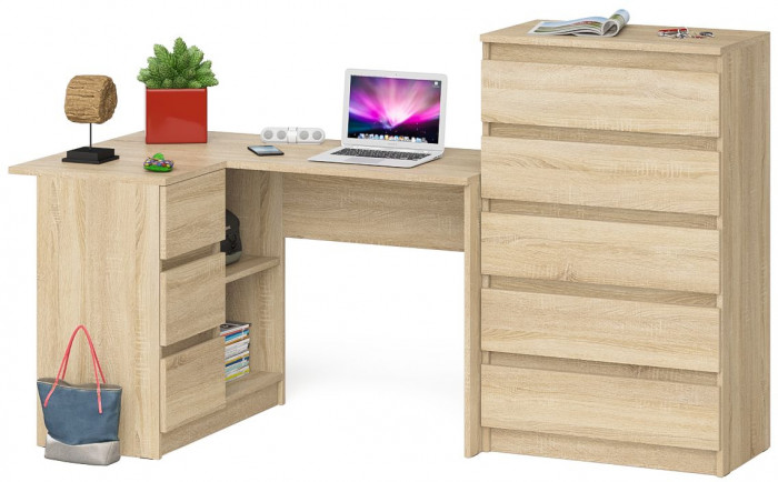 Мори Стол компьютерный МС-16 левый + Комод МК700.5, цвет дуб сонома, ШхГхВ 194,8х84,9х114 см., выдвижные ящики слева, НЕ универсальная сборка