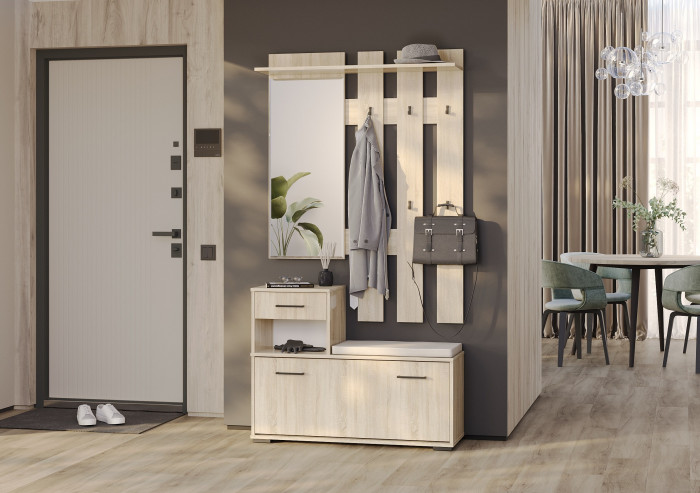 Лира ГК Прихожая 1 2-0714+2-3814 Тумба под обувь + Вешалка с зеркалом, цвет дуб сонома, ШхГхВ 100х33х185 см., универсальная сборка